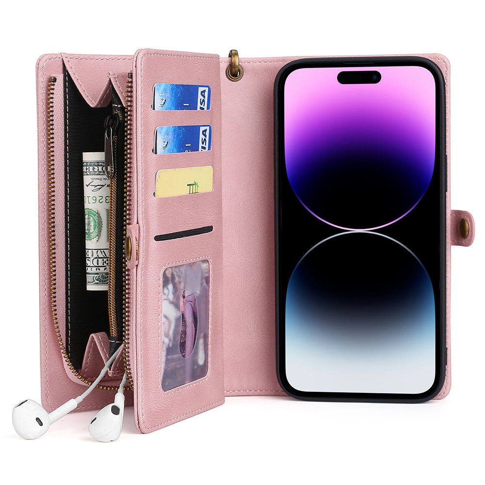 Kožené pouzdro na peněženku MEGSHI 017 Series pro iPhone 14 Pro odnímatelný magnetický kryt s páskem na zápěstí na zip Kožené pouzdro na peněženku MEGSHI 017 Series pro iPhone 14 Pro odnímatelný magnetický kryt s páskem na zápěstí na zip